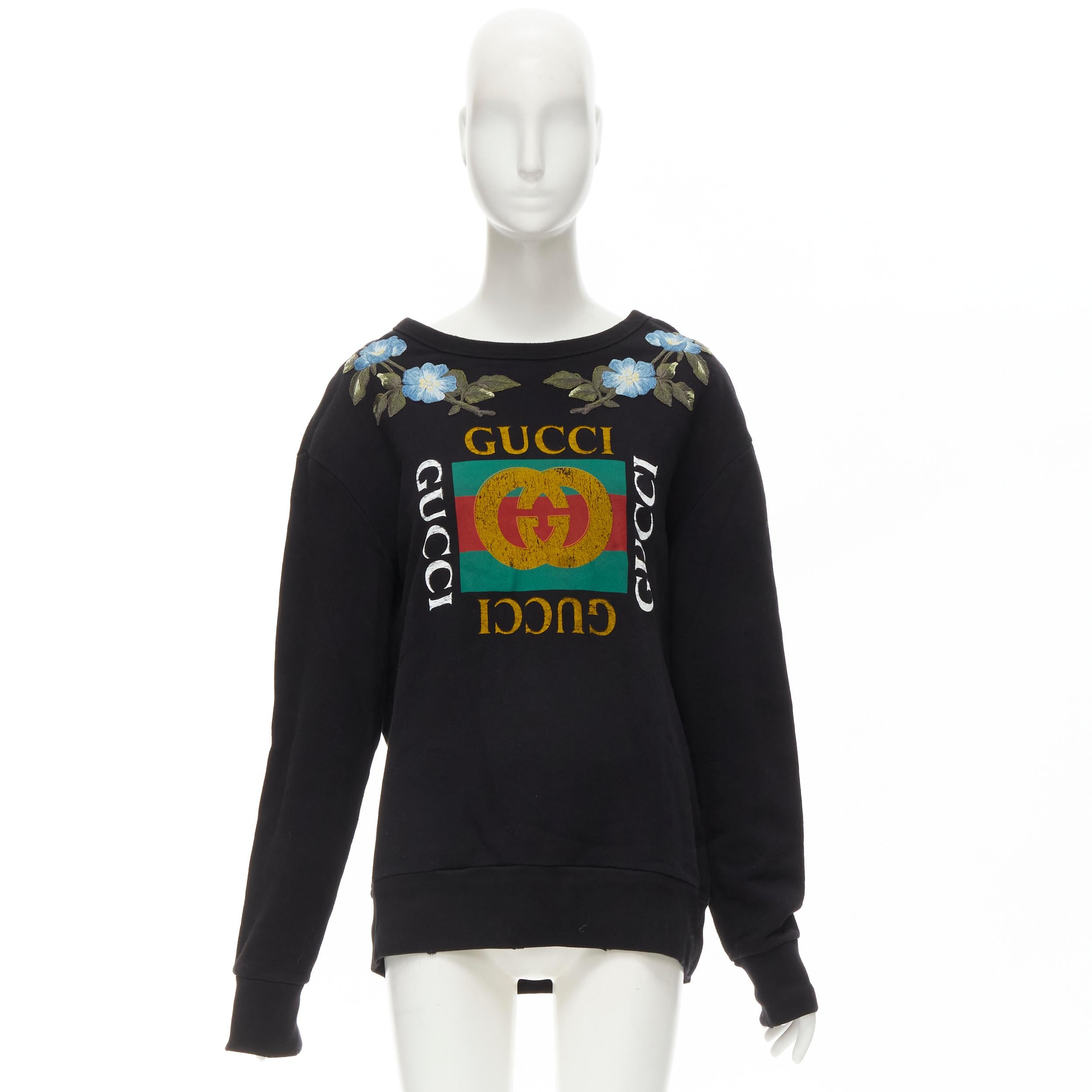 GUCCI Blaues, geblümtes, besticktes Vintage-Logo LOVED gestuftes Pulloverhemd S im Angebot 4