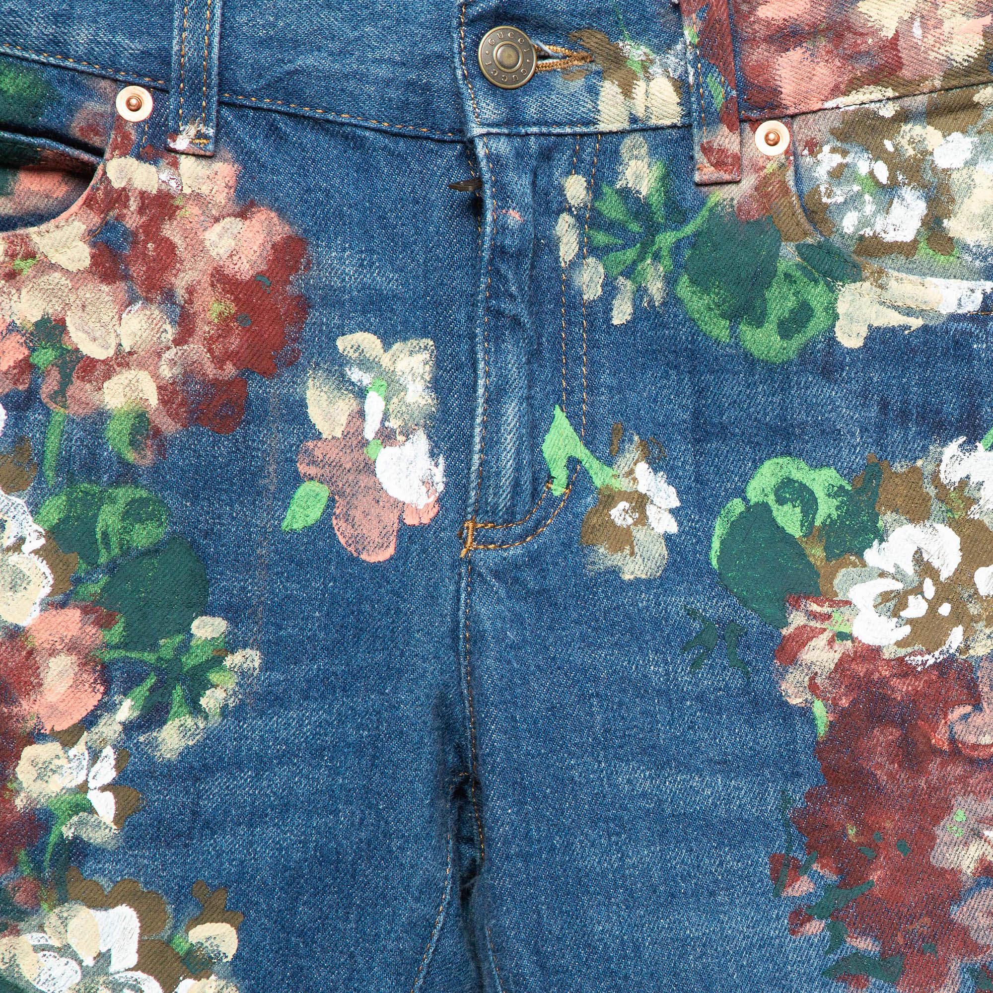 Gray Gucci Blue Floral Hand Painted Denim Jeans XS Waist 23