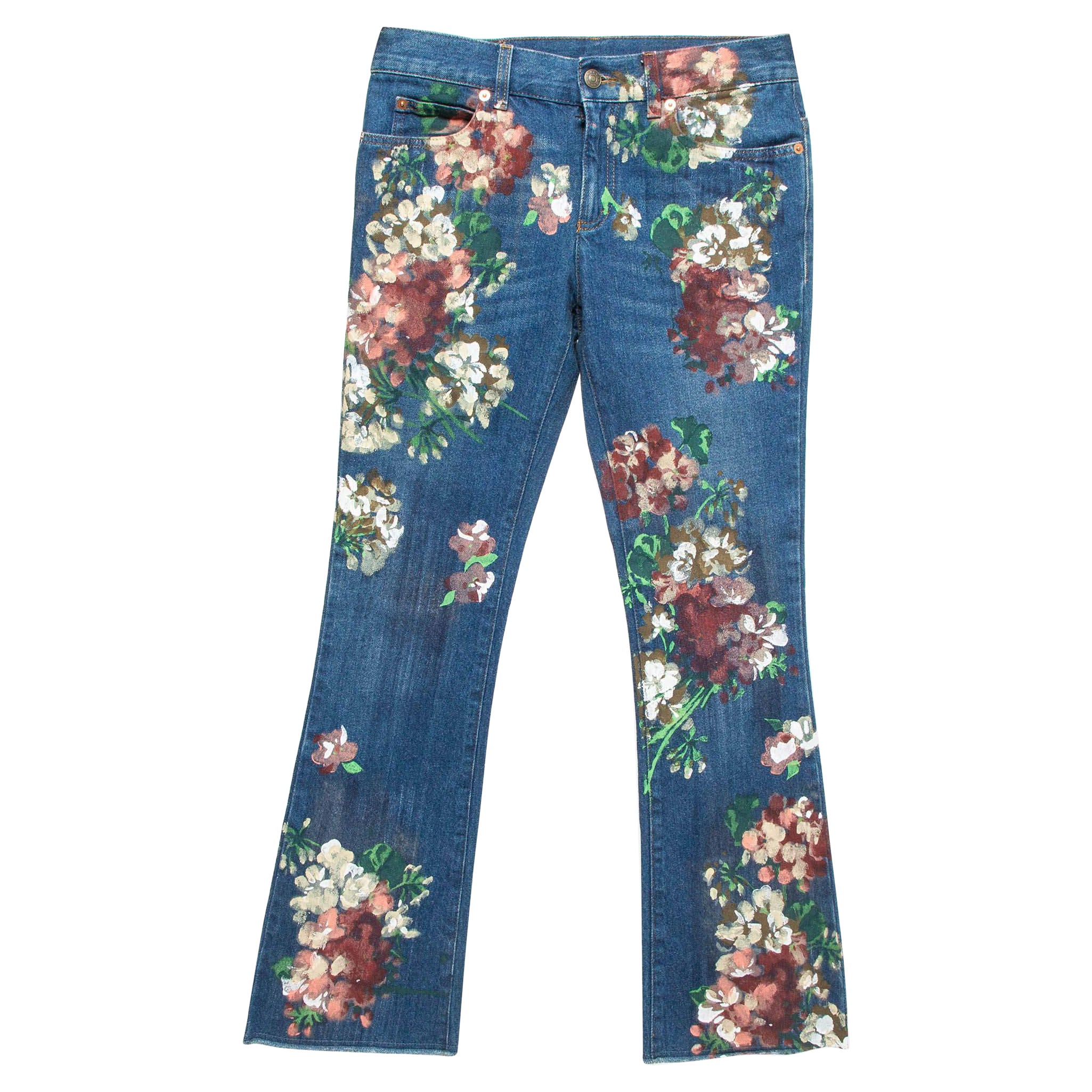 Gucci Jeans en jean bleu à fleurs peints à la main XS taille 23"