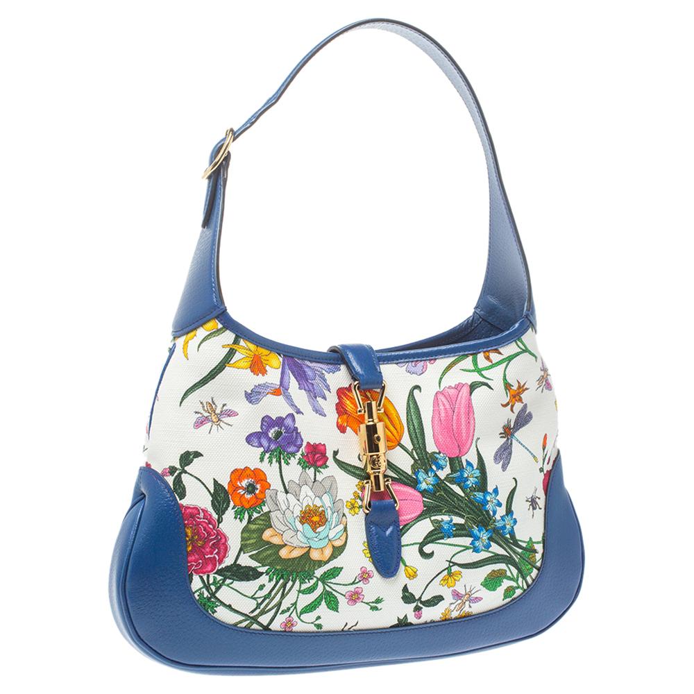 Gucci Blue Floral Print Canvas and Leather Jackie Hobo In New Condition In Dubai, Al Qouz 2