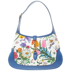 Gucci Blue Floral Print Canvas and Leather Jackie Hobo
