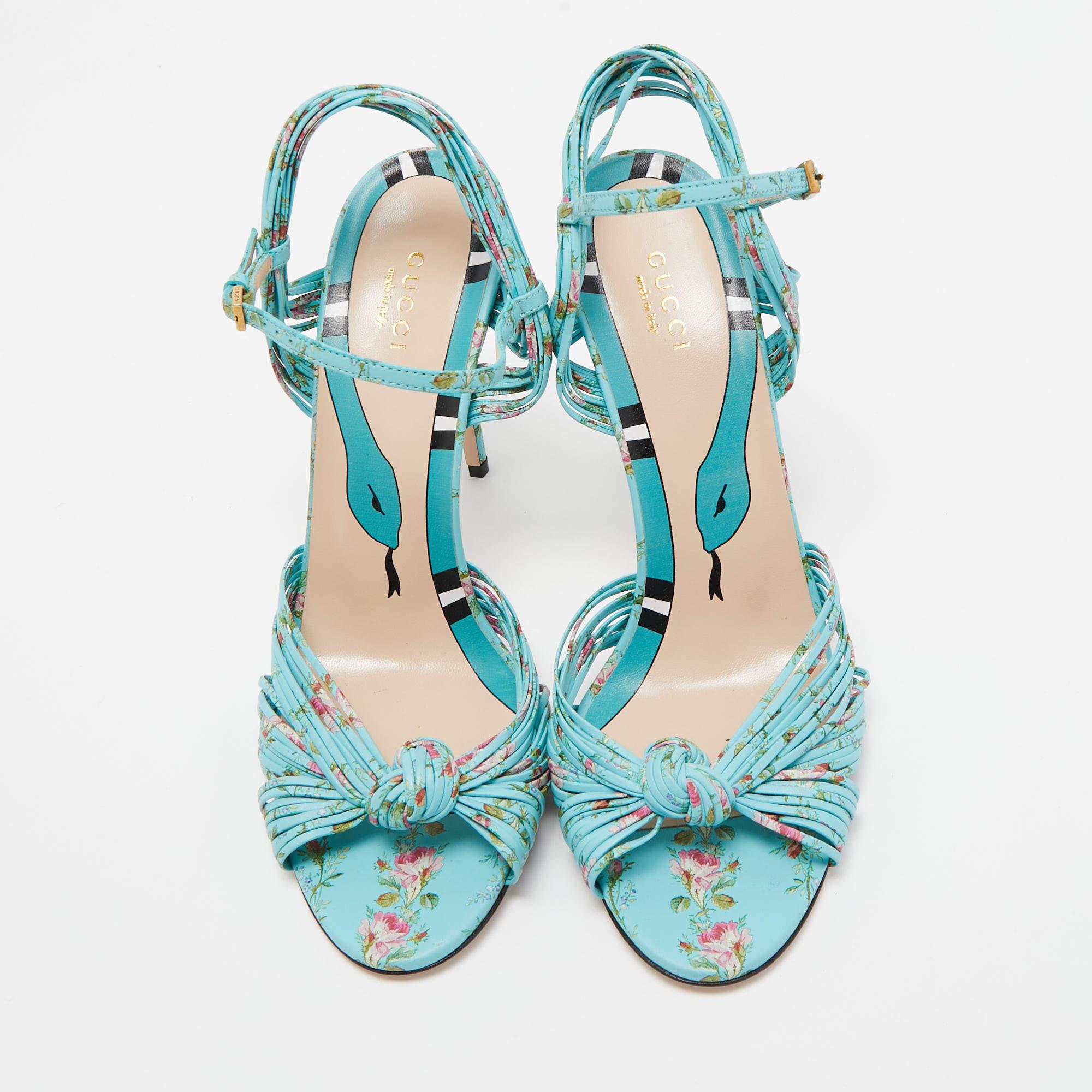 Gucci Blue Floral Print Leather Allie Sandals Size 40 For Sale at