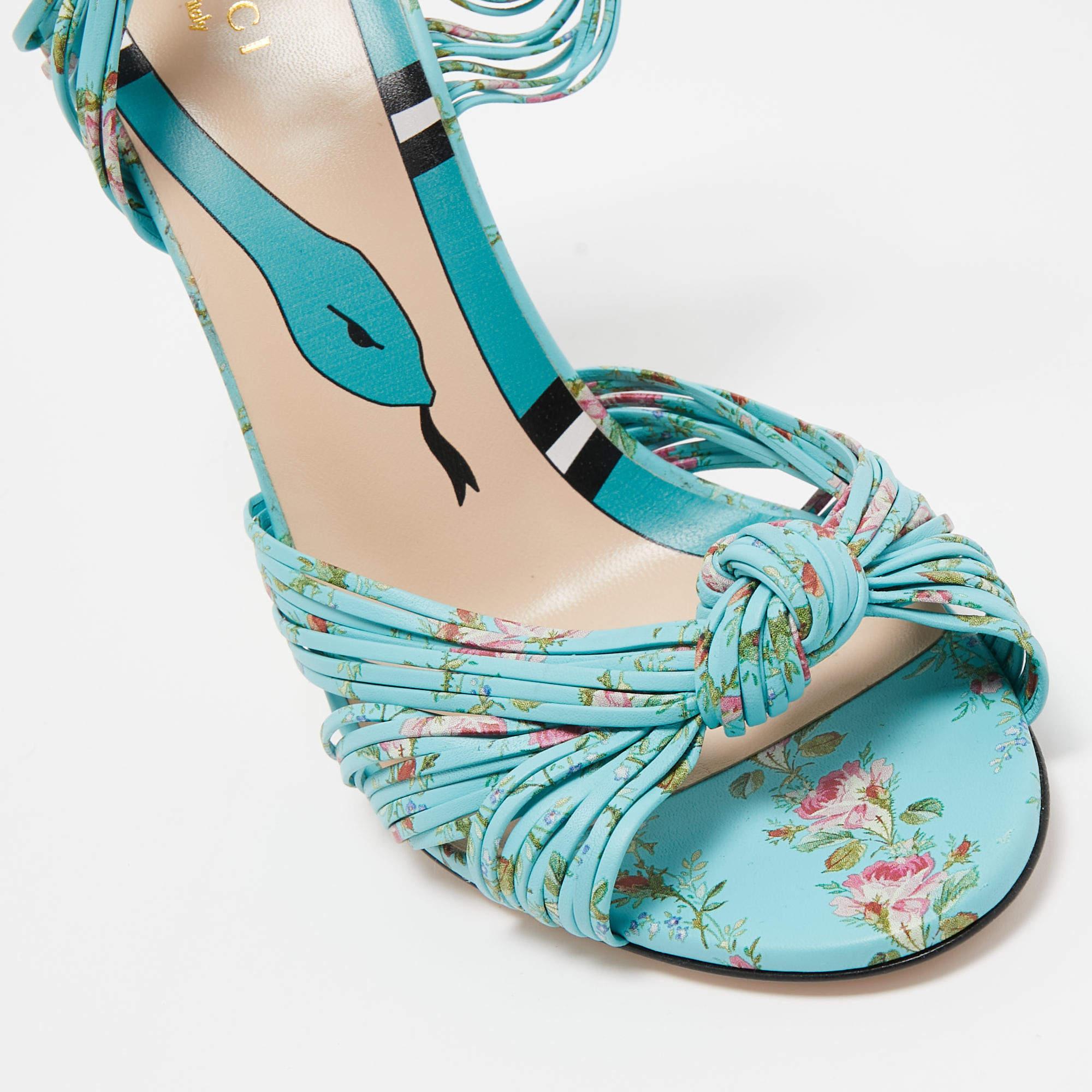 Gucci Blue Floral Print Leather Allie Sandals Size 40 2