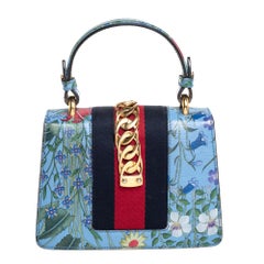 Gucci Blue Floral Print Leather Mini Web Sylvie Top Handle Bag