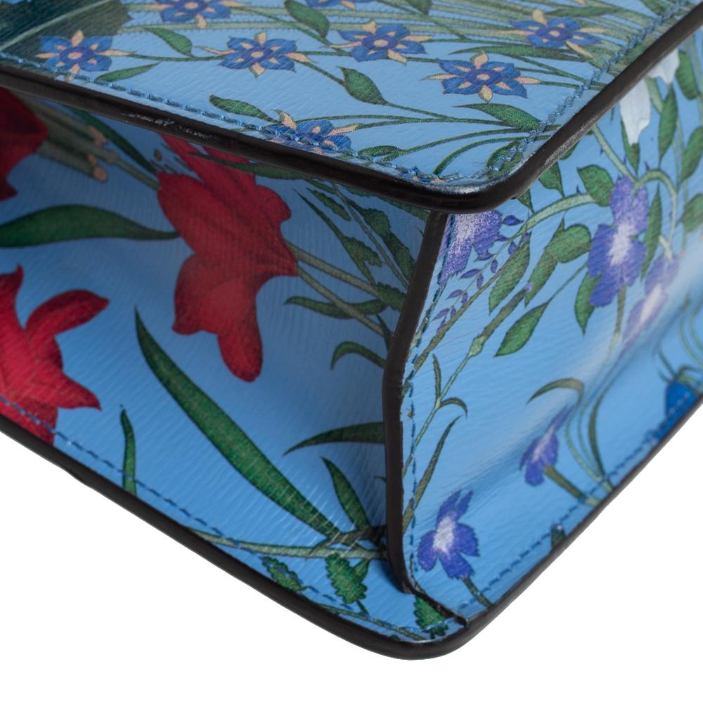 Gucci Blue Floral Print Leather Mini Web Sylvie Top Handle Bag In Good Condition In Dubai, Al Qouz 2