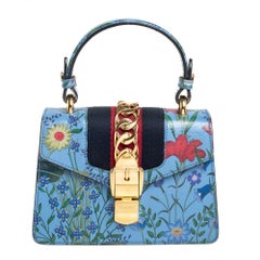 Gucci Blue Floral Print Leder Mini Web Sylvie Top Handle Bag