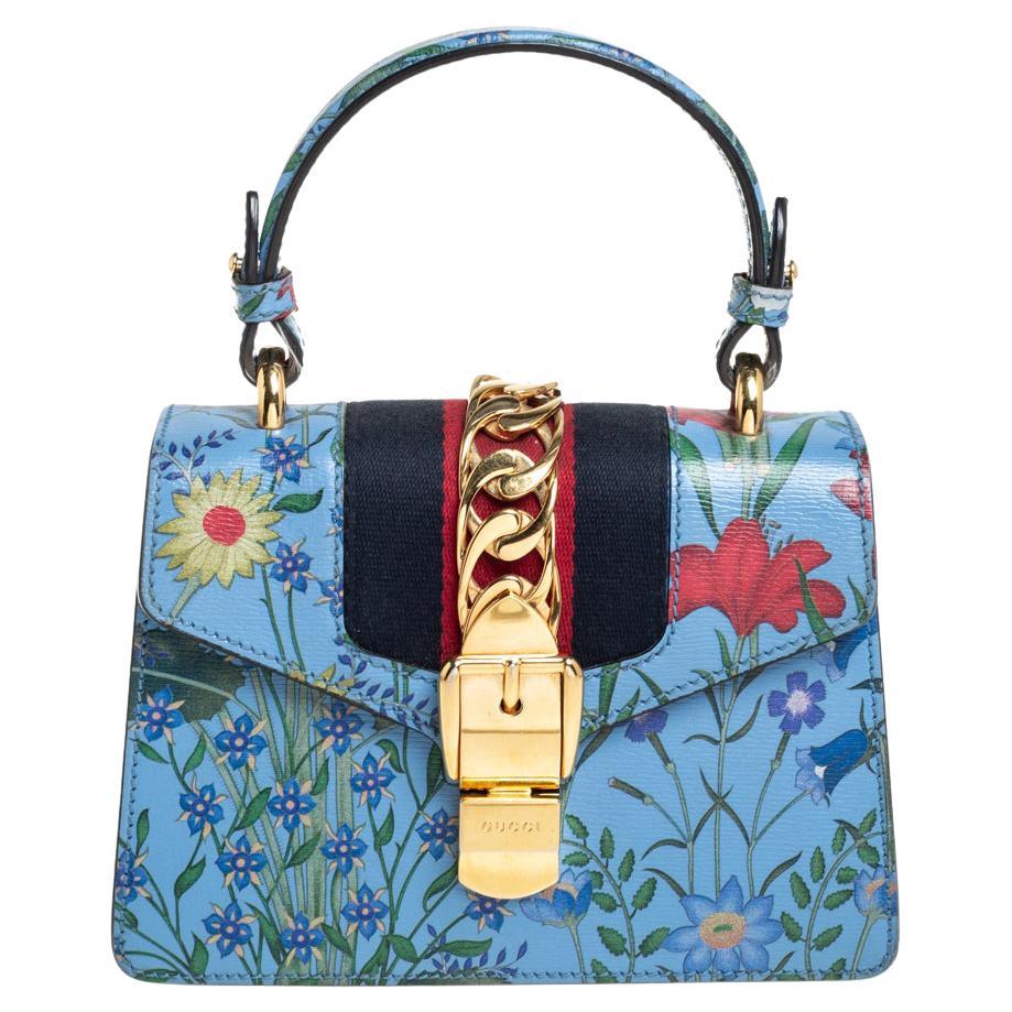 Gucci Blue Floral Print Leather Mini Web Sylvie Top Handle Bag