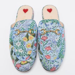 Gucci Blue Floral Print Satin Horsebit Princetown Flat Mules Size 39