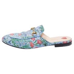 Used Gucci Blue Floral Print Satin Horsebit Princetown Flat Mules Size 39