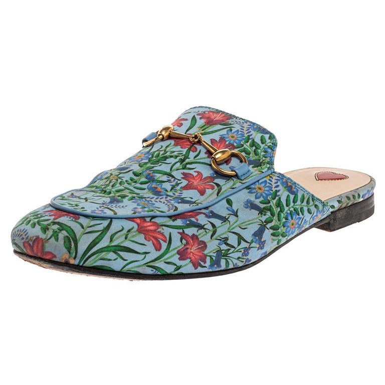 Gucci Blue Floral Print Satin Princetown Mules Size 38 at 1stDibs