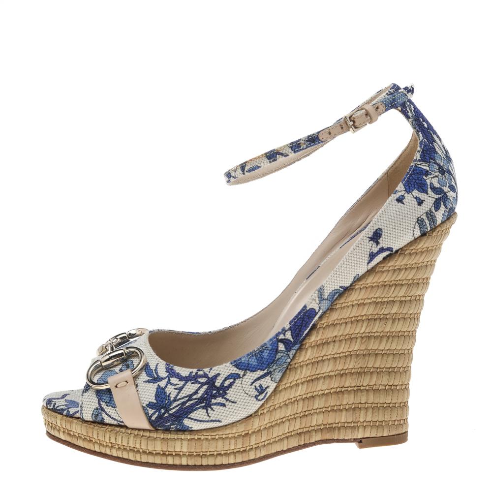 Women's Gucci Blue Floral Printed Canvas Horsebit Ankle Strap Wedge Sandals Size 38.5