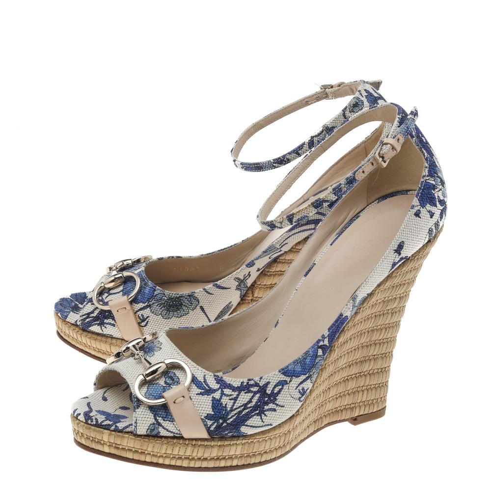 Gucci Blue Floral Printed Canvas Horsebit Ankle Strap Wedge Sandals Size 38.5 1