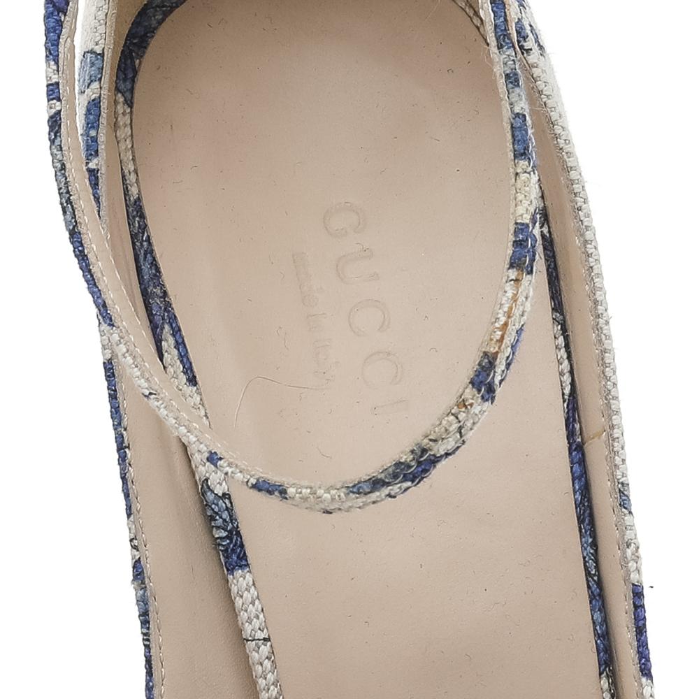 Gucci Blue Floral Printed Canvas Horsebit Ankle Strap Wedge Sandals Size 38.5 2