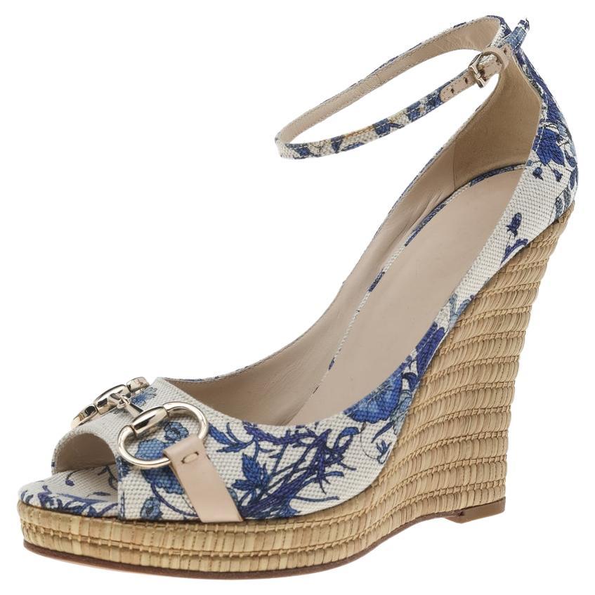 Gucci Blue Floral Printed Canvas Horsebit Ankle Strap Wedge Sandals Size 38.5