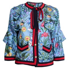 Gucci Blue Floral Printed Silk Ruffle Detail Button Front Jacket M