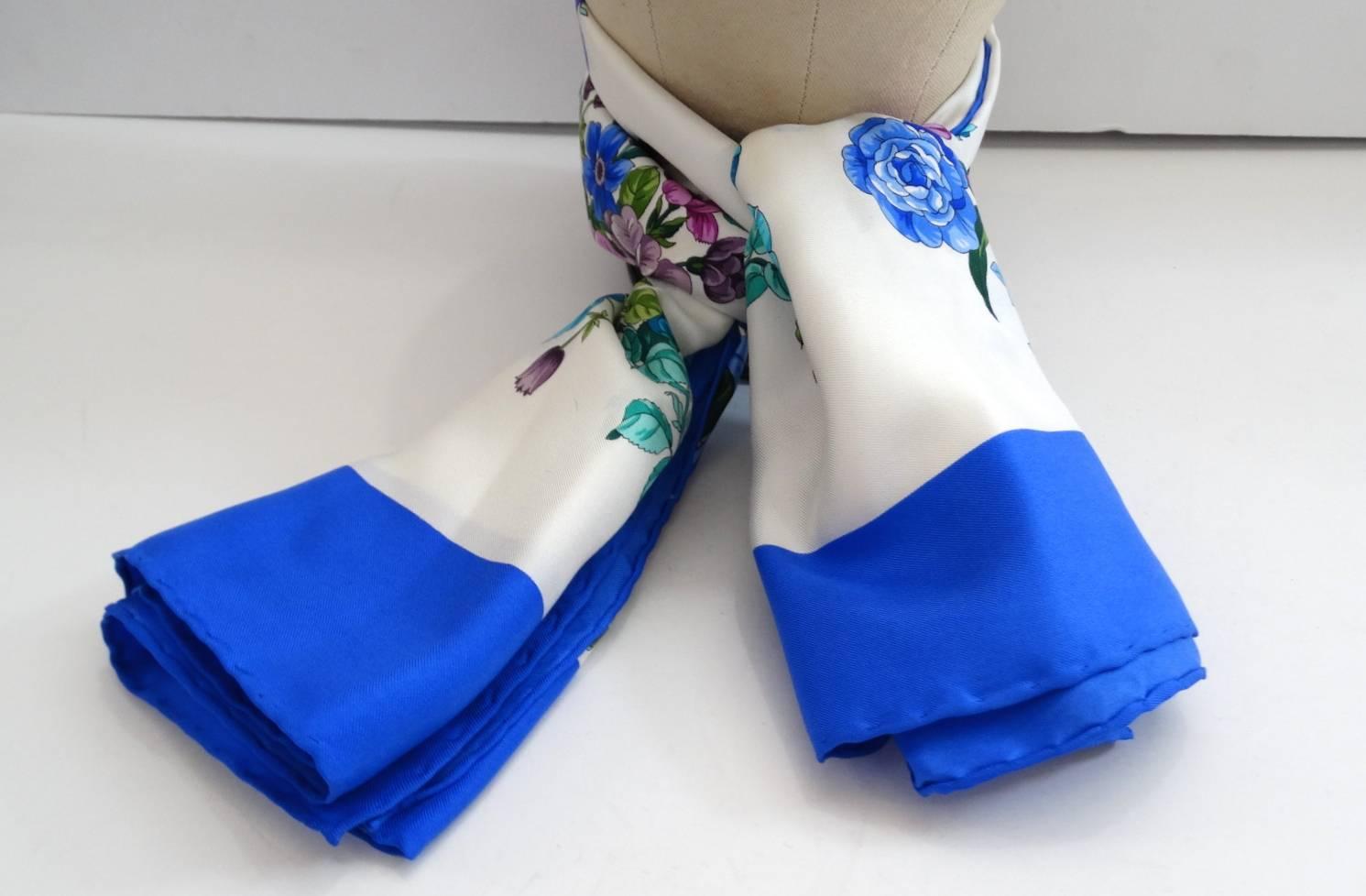 Gucci Blue Floral Silk Scarf, 1980s  For Sale 3