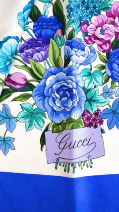 Gucci Blue Floral Silk Scarf, 1980s