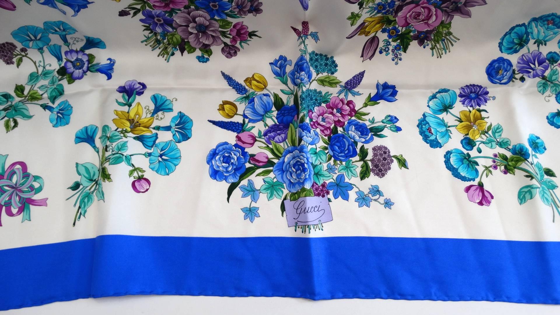 Gucci Blue Floral Silk Scarf, 1980s  For Sale 1