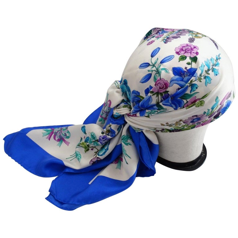 Gucci Blue Floral Silk Scarf, 1980s For Sale at 1stDibs
