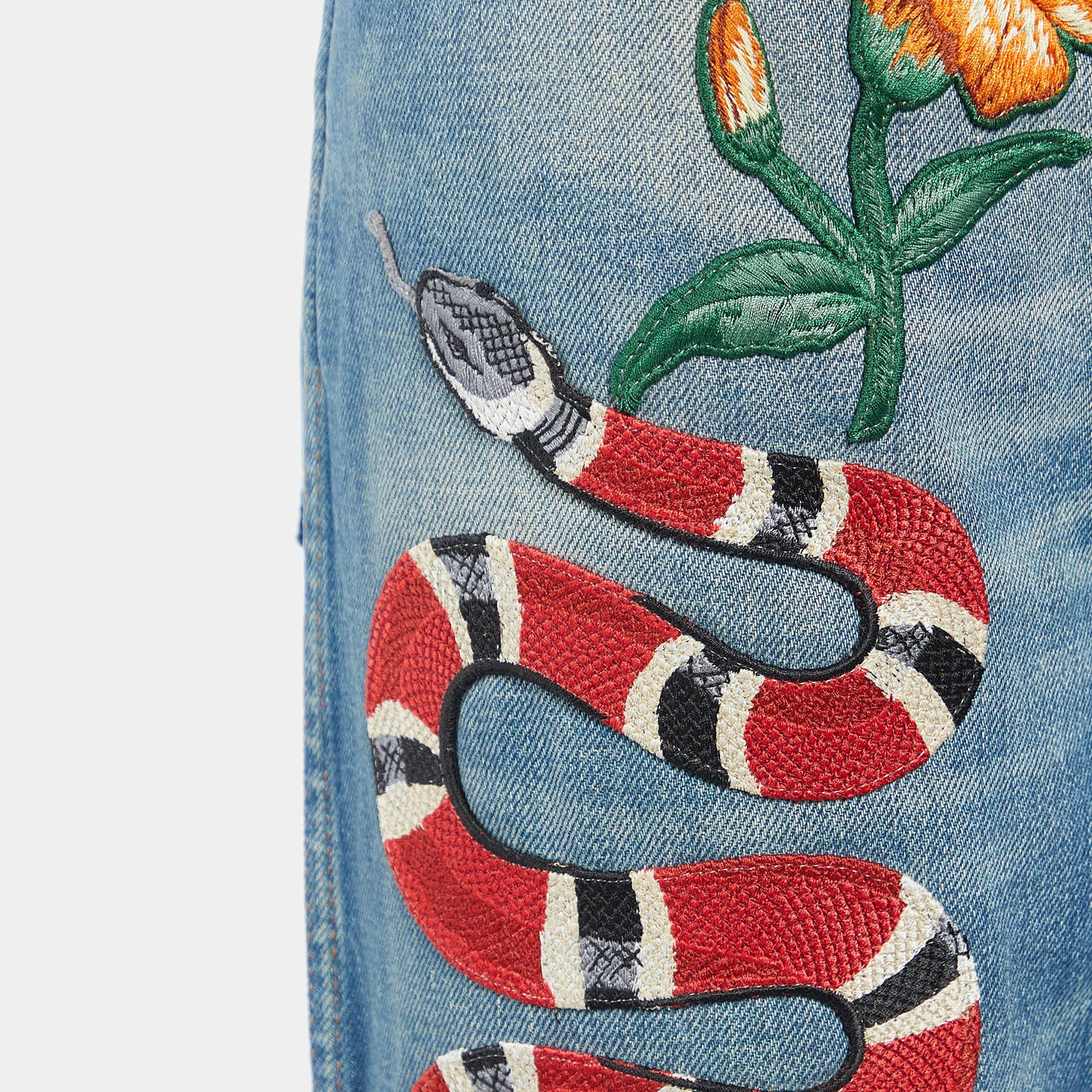 Women's Gucci Blue Floral Snake Embroidered Denim Boyfriend Fit Jeans S/Waist 32