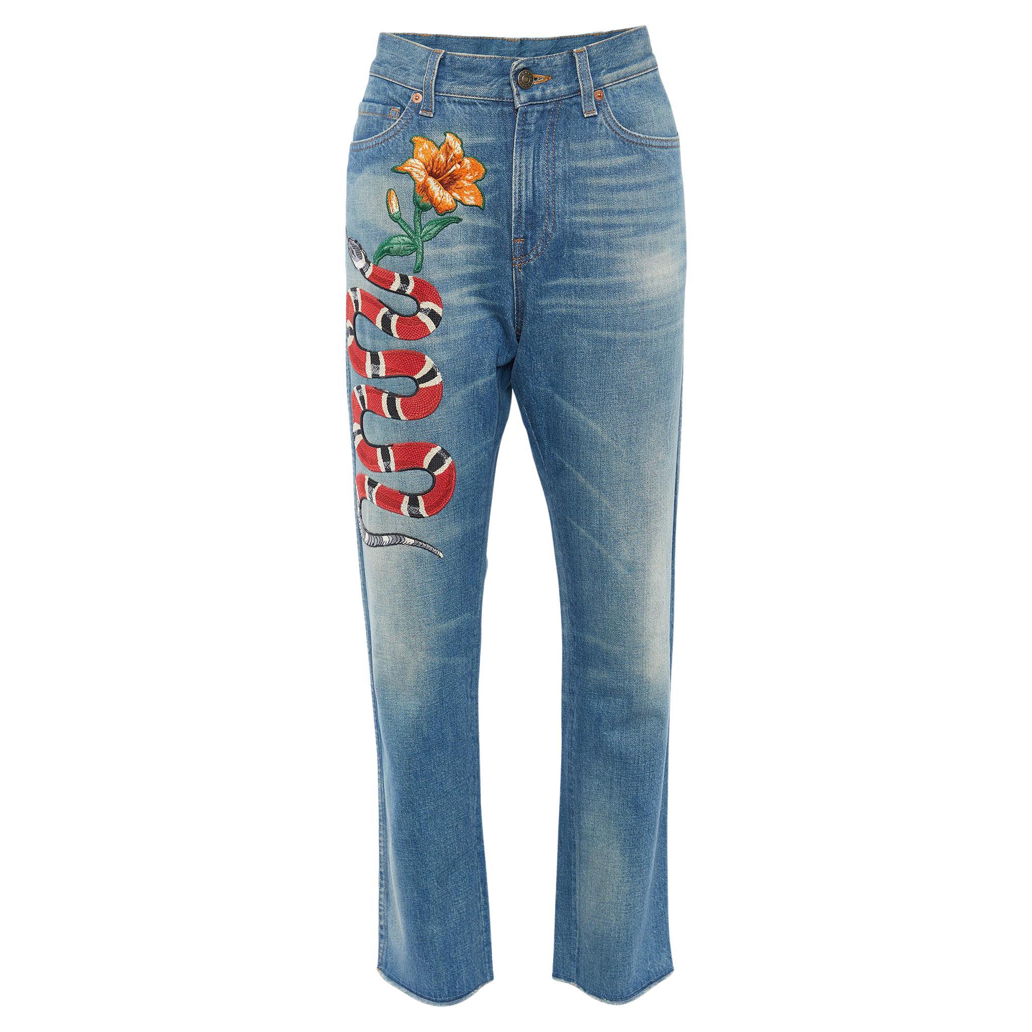 Gucci Blue Floral Snake Embroidered Denim Boyfriend Fit Jeans S/Waist 32"
