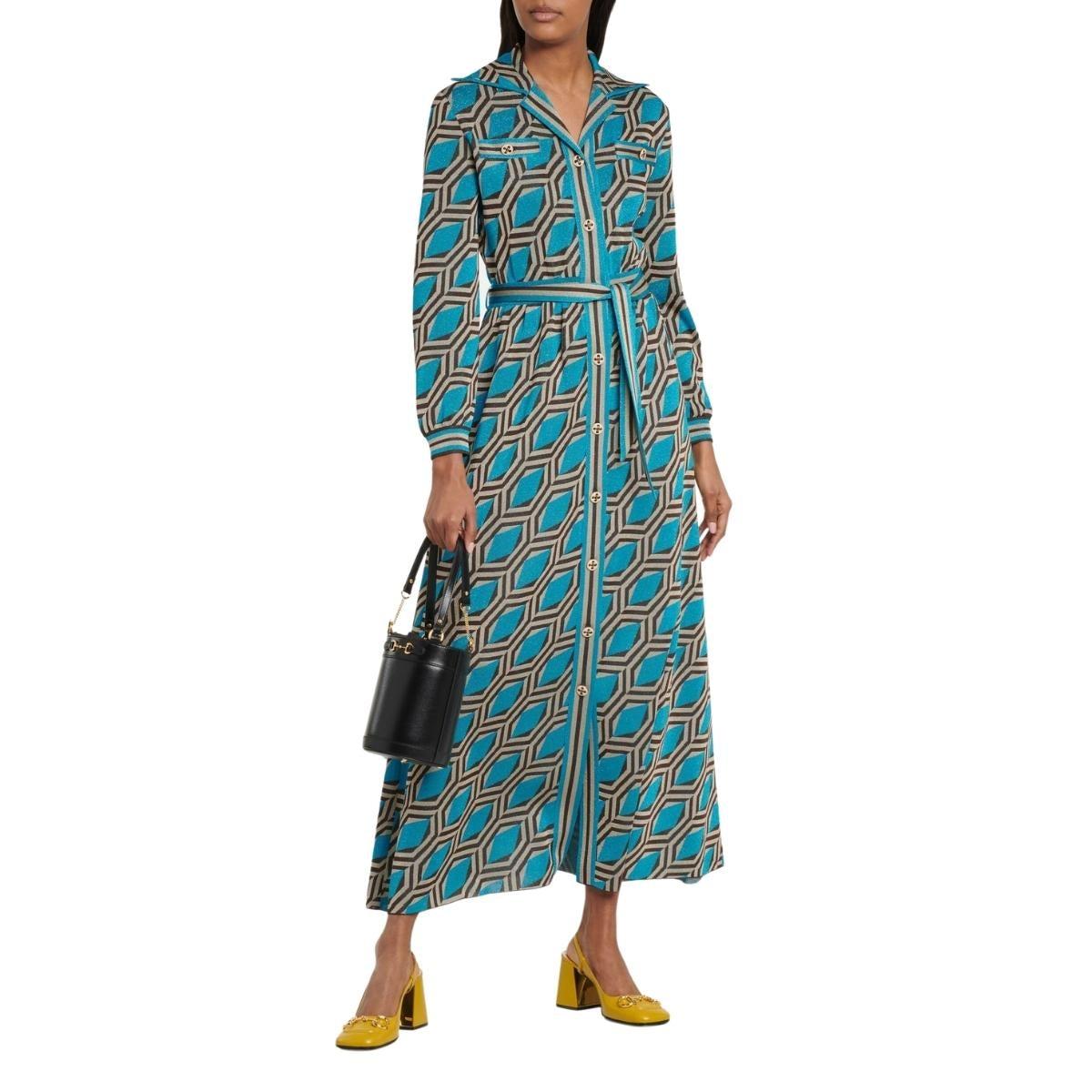 Gucci Blue Geometric-pattern Jacquard Shirt Dress size M In New Condition For Sale In Brossard, QC