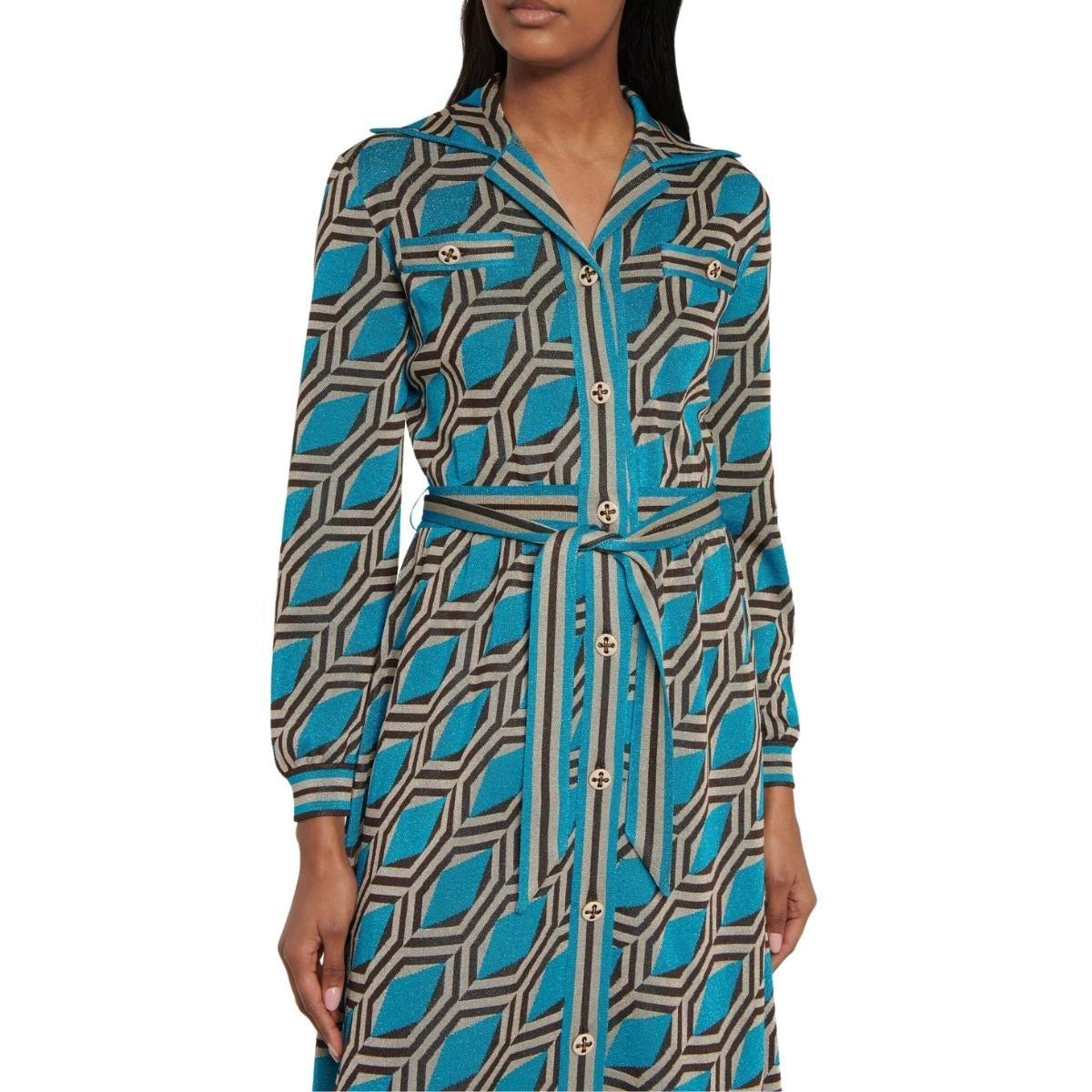 Women's Gucci Blue Geometric-pattern Jacquard Shirt Dress size M For Sale