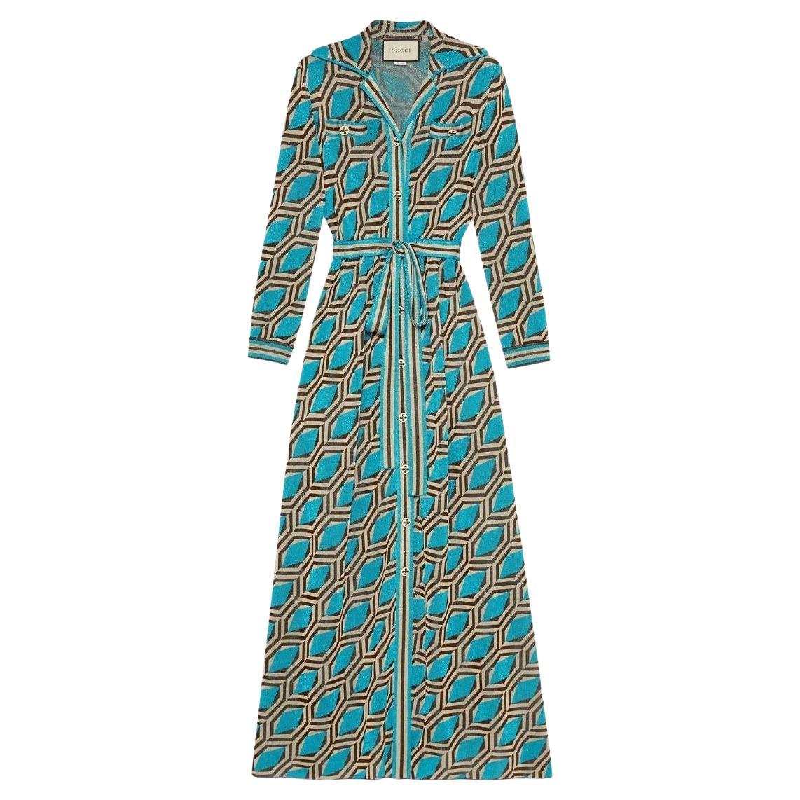 Gucci Blue Geometric-pattern Jacquard Shirt Dress size M For Sale