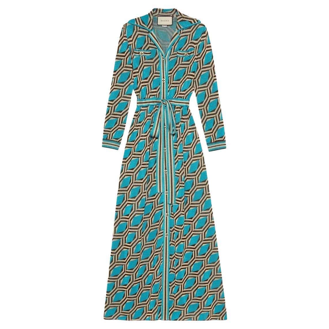 Gucci Blue Geometric pattern Jacquard Shirt Dress Size M For Sale At gucci-blue-geometric-pattern-jacquard-shirt-dress-size-m-for-sale-at