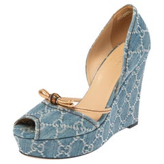 Gucci Blue GG Canvas Bamboo Peep Toe D'orsay Wedge Sandals Size 39