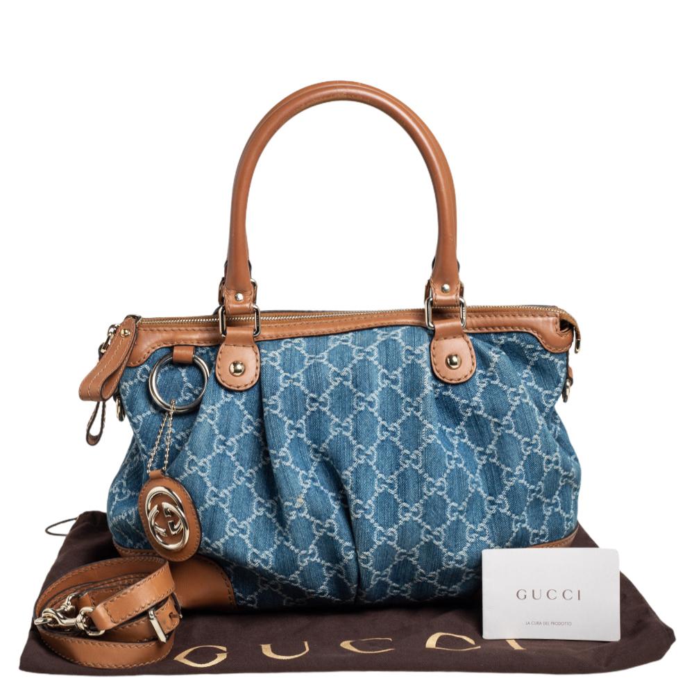 Gucci Tote media in denim e pelle blu GG 7