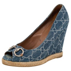 Gucci Blue GG Denim Charlotte Horsebit Peep Toe Wedge Pumps Size 40