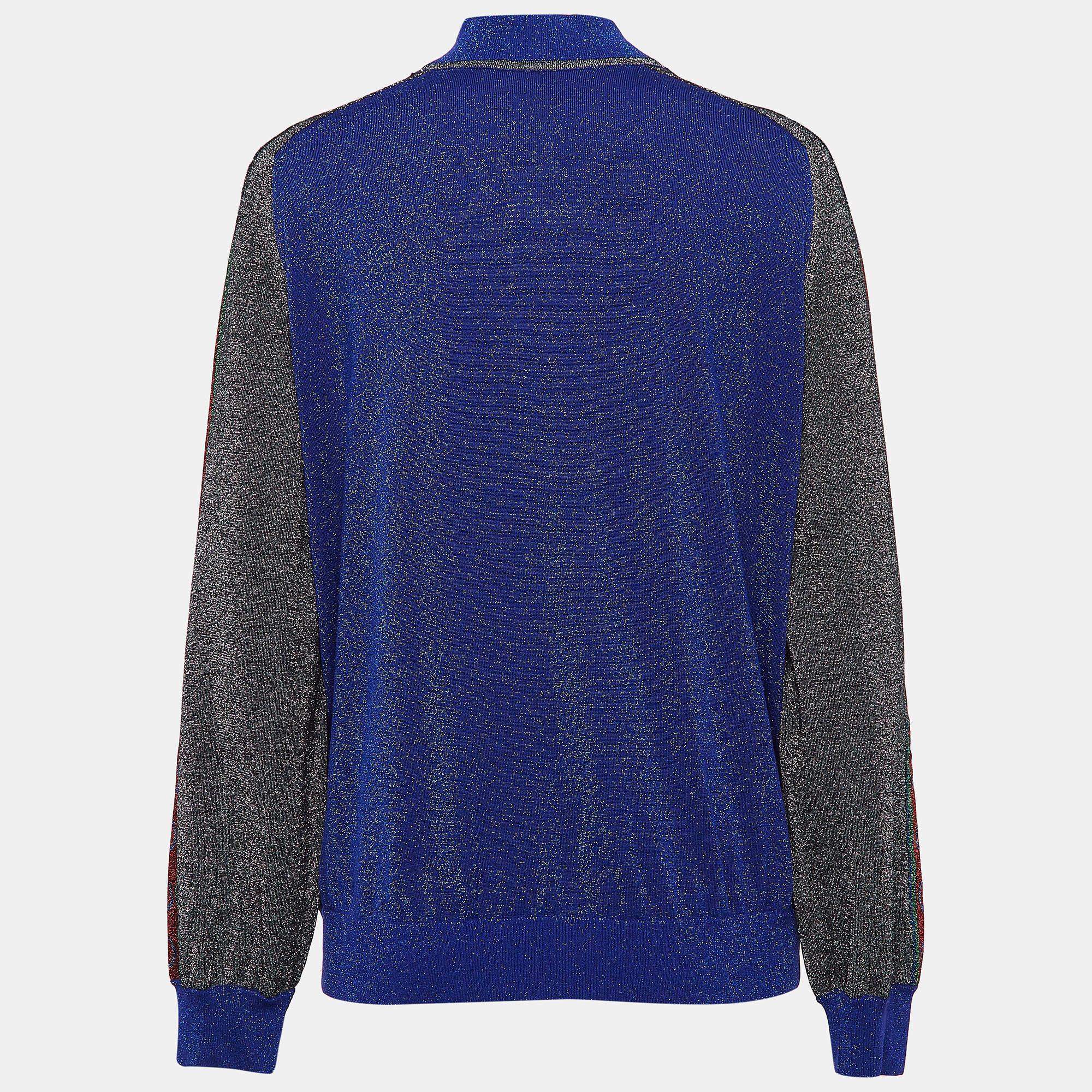 Gucci Blue GG Intarsia Lame Knit Zip Front Jacket L In Excellent Condition In Dubai, Al Qouz 2