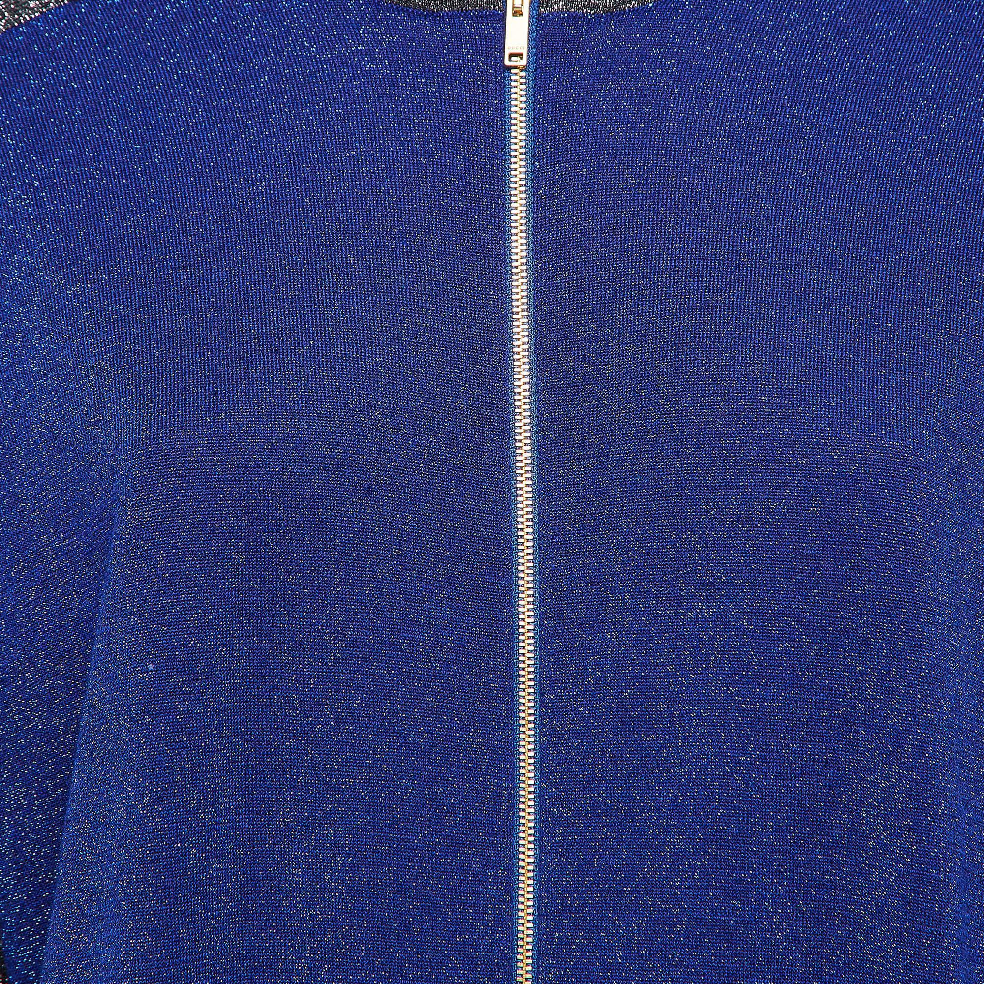 Women's Gucci Blue GG Intarsia Lame Knit Zip Front Jacket L
