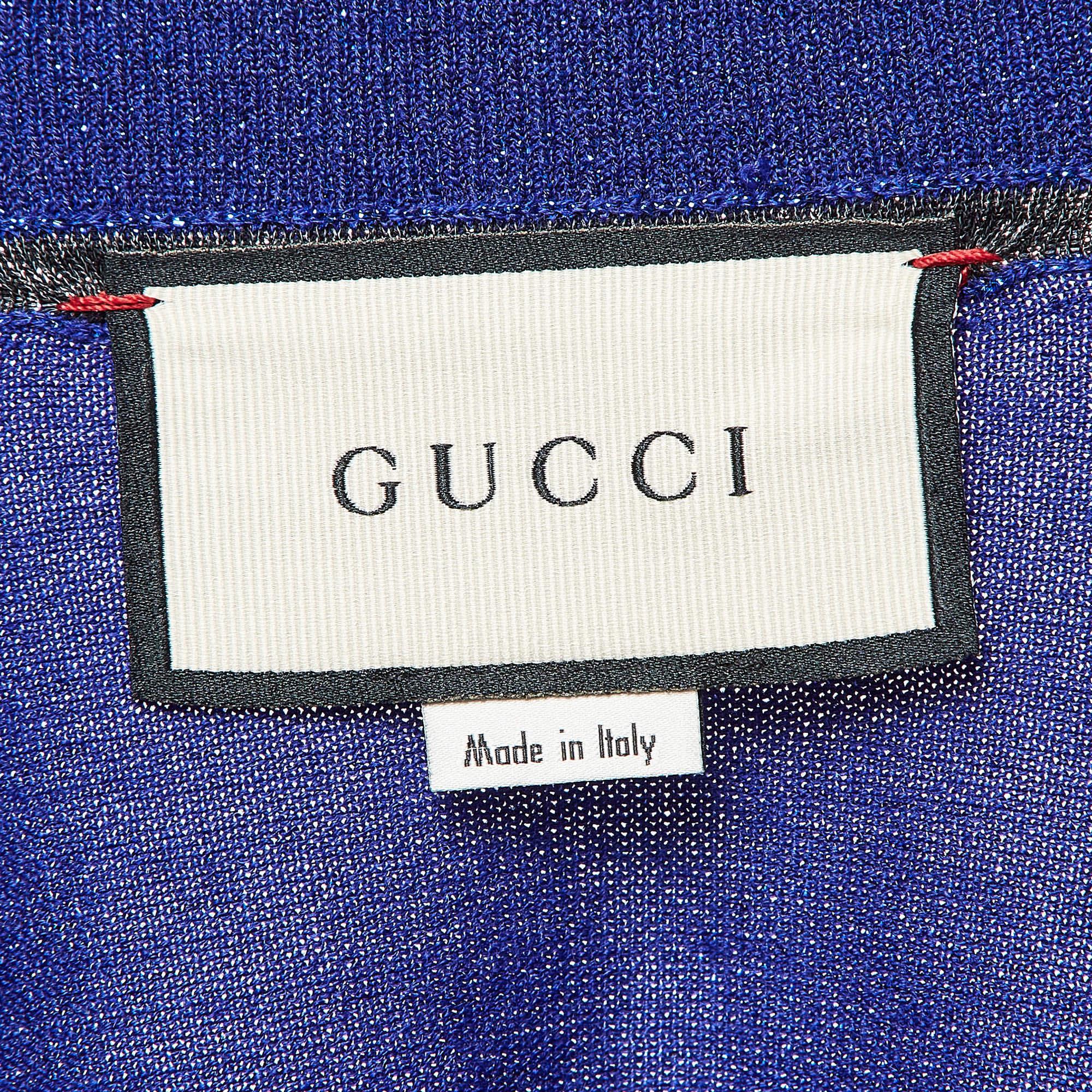 Gucci Blue GG Intarsia Lame Knit Zip Front Jacket L 1
