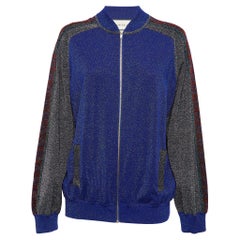 Gucci Blue GG Intarsia Lame Knit Zip Front Jacket L
