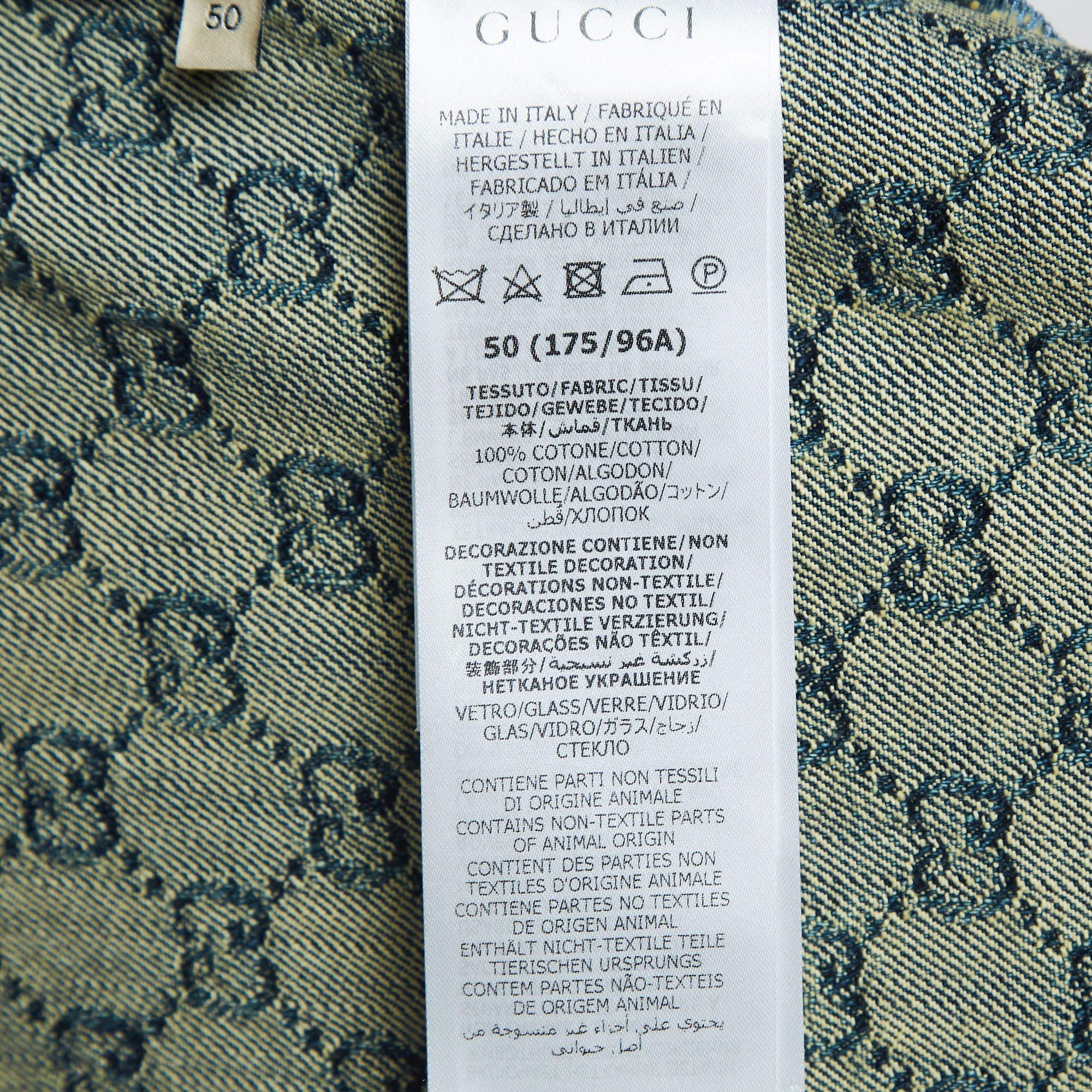 Women's Gucci Blue GG Jacquard Washed Denim Crystal Embellished Shirt XL For Sale