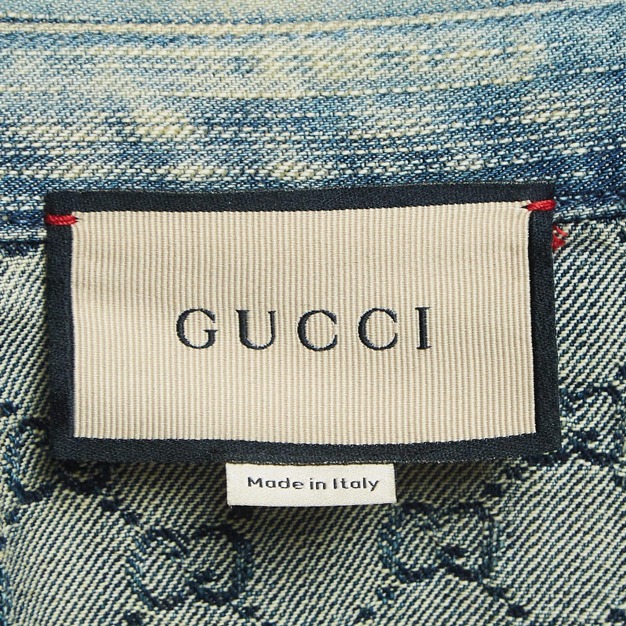 Gucci Blue GG Jacquard Washed Denim Crystal Embellished Shirt XL For Sale 2
