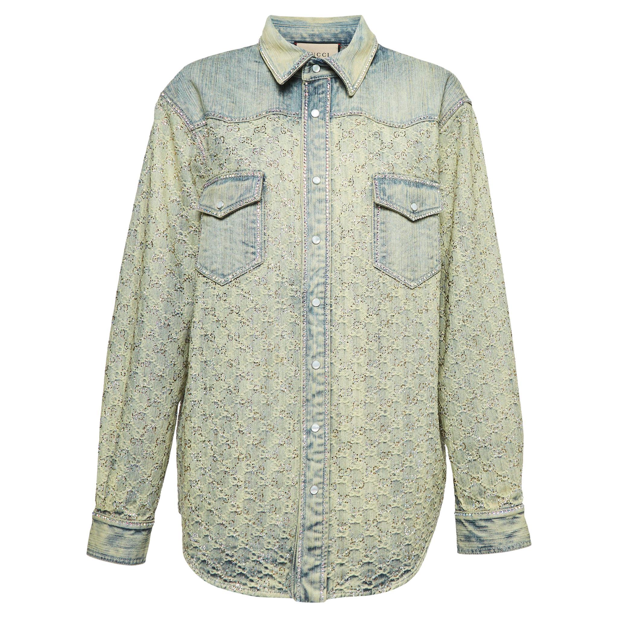 Gucci Blue GG Jacquard Washed Denim Crystal Embellished Shirt XL For Sale