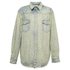 Gucci Blue GG Jacquard Washed Denim Crystal Embellished Shirt XL