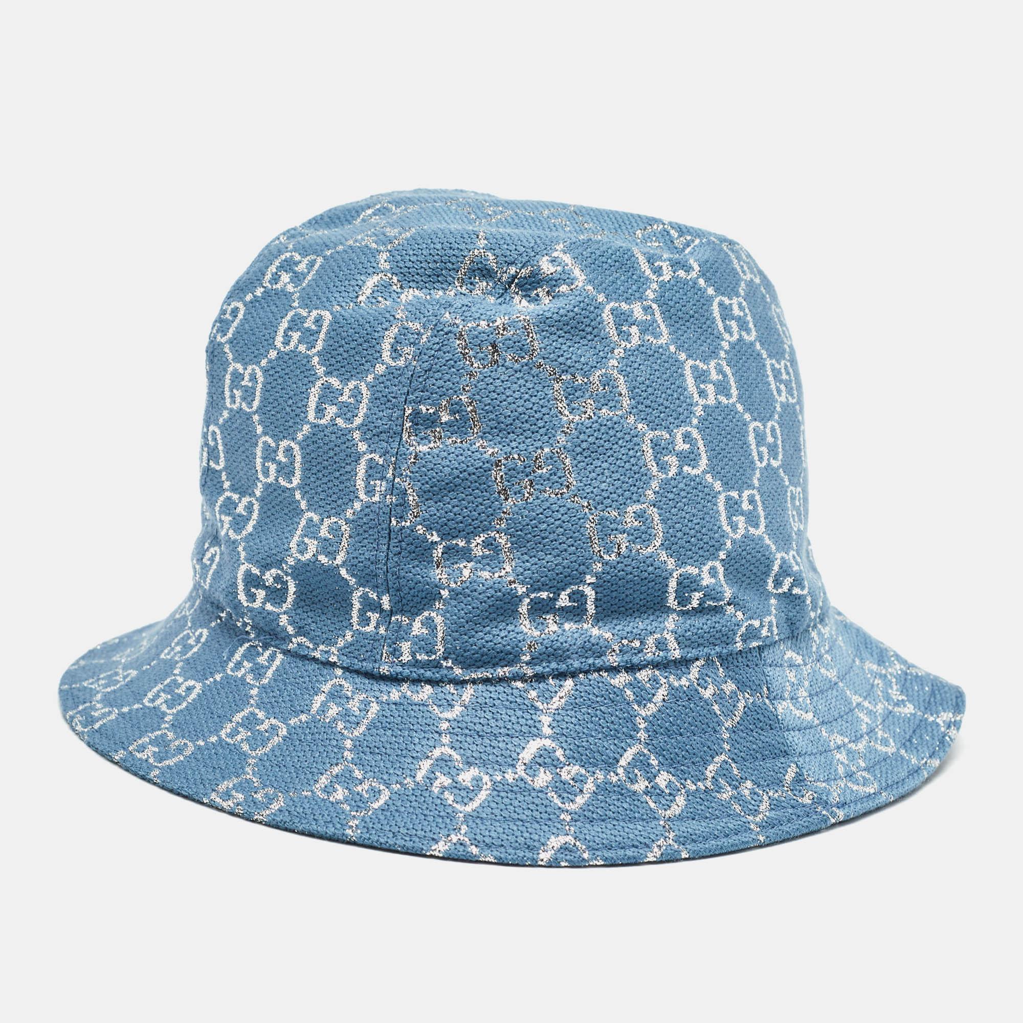 Crafted by the illustrious Gucci, the bucket hat exudes an air of effortless luxury. Its shimmering lamÃ© fabric, adorned with the iconic GG motif, captivates the eye. Perfect for sun-soaked days or adding a touch of opulence to any ensemble, it's a