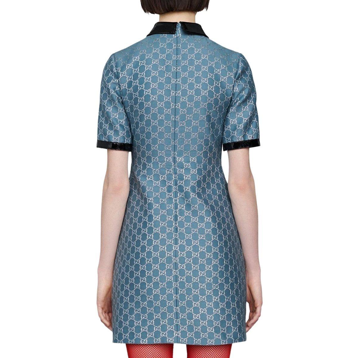 Gucci Blaues GG Lamé Kleid mit abnehmbarem Kragen Damen im Angebot