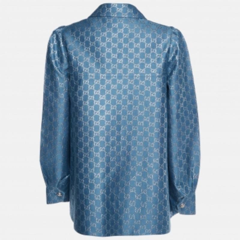 Gucci Blue GG Lurex Wool & Silk Flared Jacket M. Excellent état - En vente à Dubai, Al Qouz 2