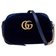 Gucci Blue GG Matelasse Velvet and Leather GG Marmont Shoulder Bag