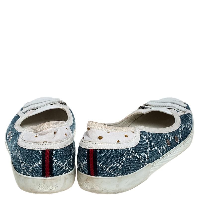 Women's Gucci Blue GG Monogram Denim And White Leather Ballet Flats Size 36.5