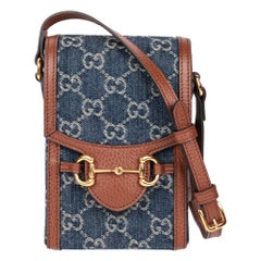 GUCCI Blue GG Supreme Denim & Brown Calfskin Leather Horsebit 1955 Mini Bag