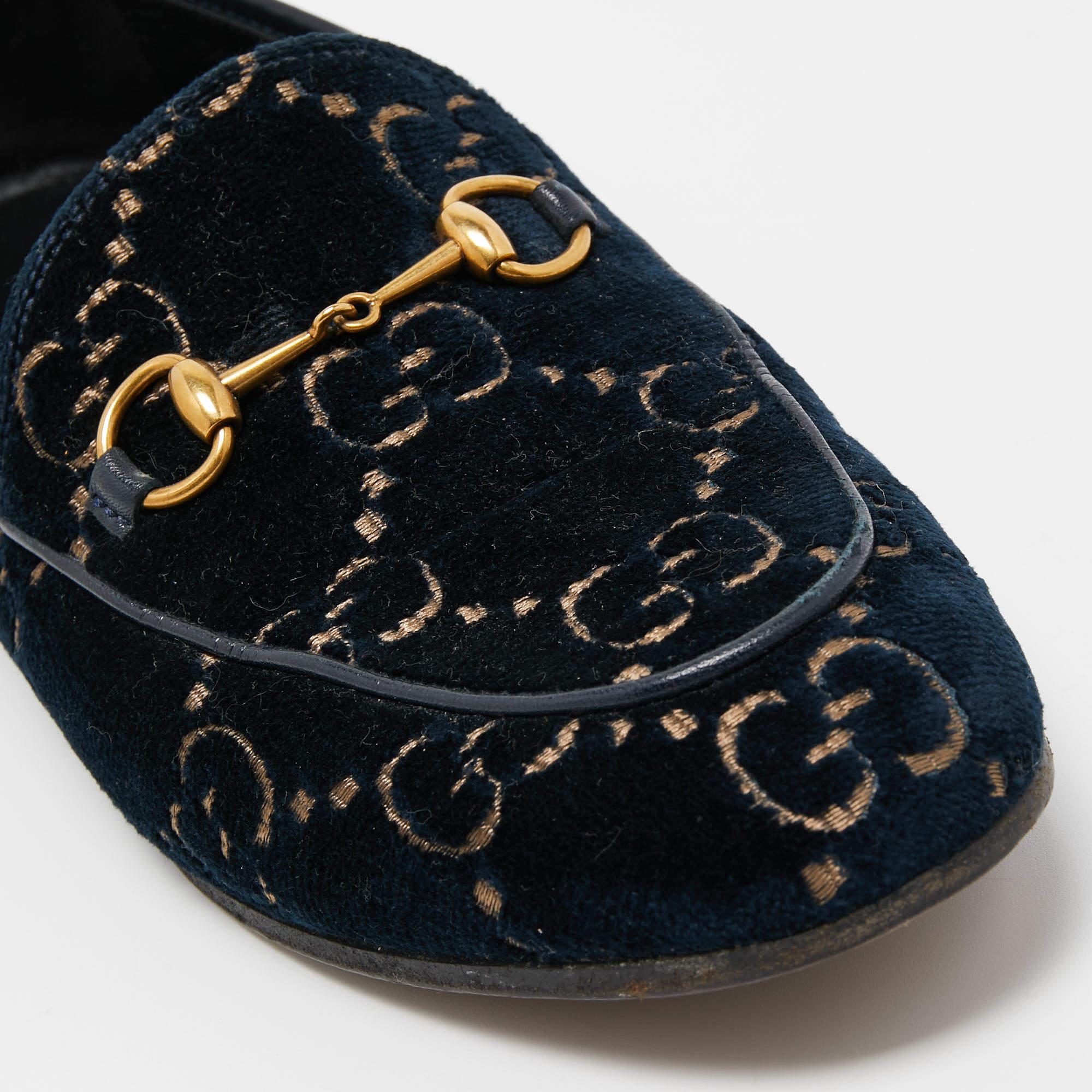 Gucci Blue GG Velvet and Leather Horsebit Slip On Loafers Size 38 2
