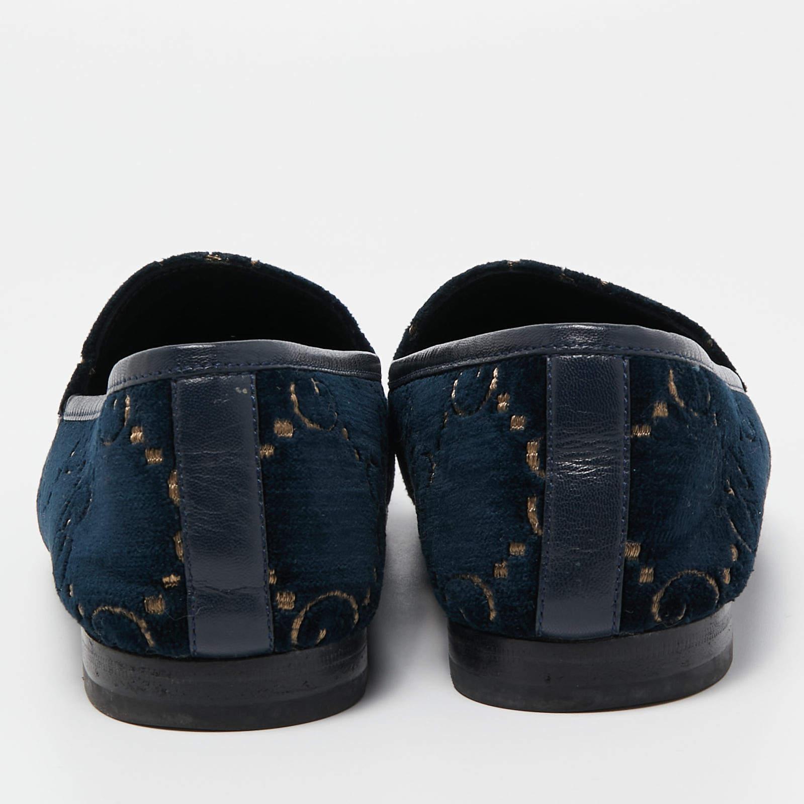 Gucci Blue GG Velvet and Leather Horsebit Slip On Loafers Size 38 3