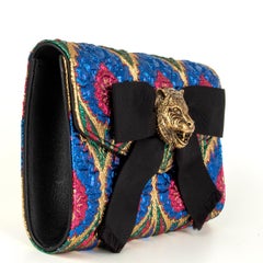 GUCCI blue gold ANIMALIER BROADWAY BROCADE Clutch Bag