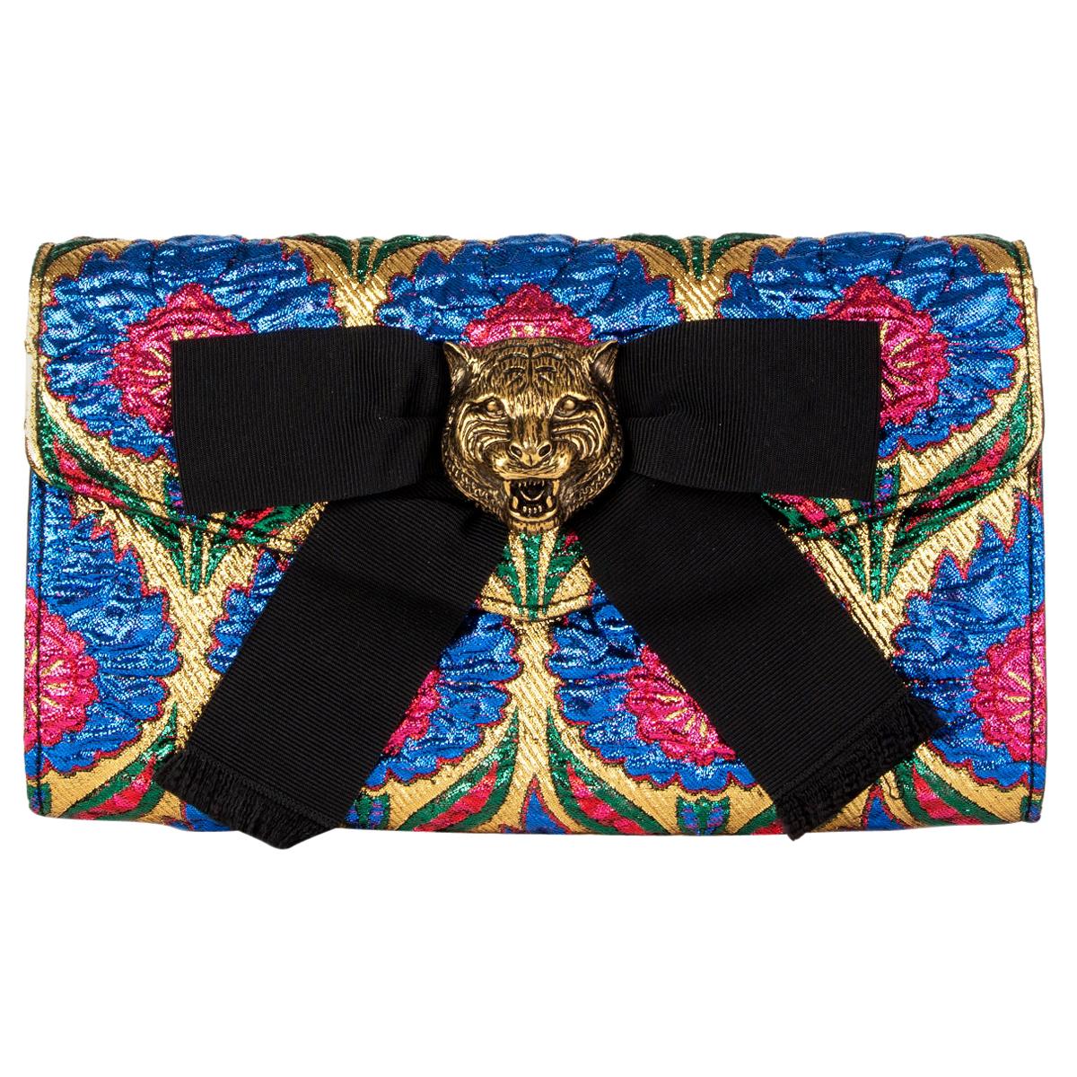 GUCCI blue gold ANIMALIER BROADWAY BROCADE Clutch Bag